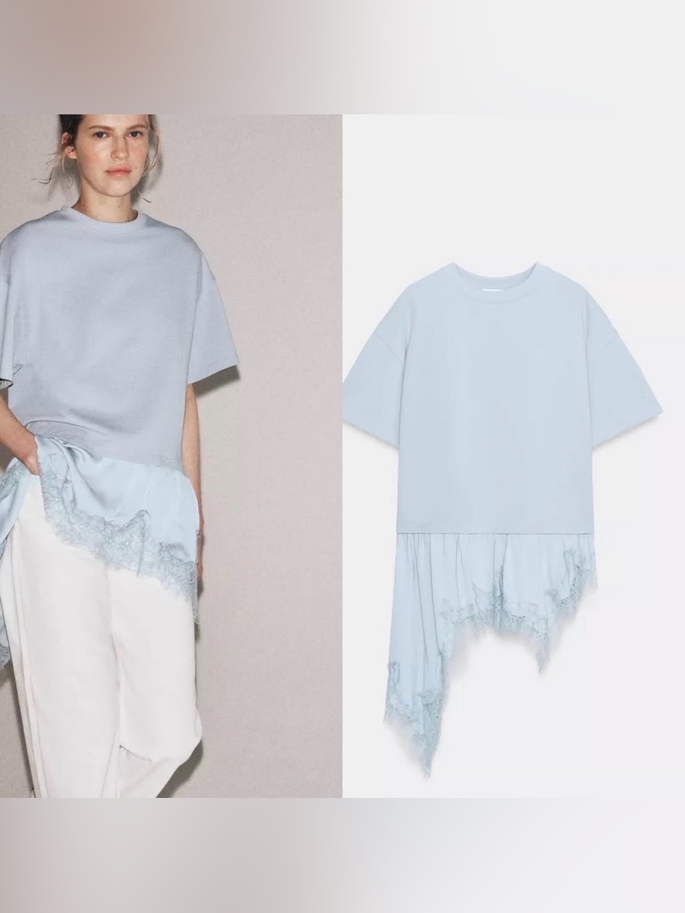 Zara Heavy Cotton Asymmetric Lace T-Shirt. It